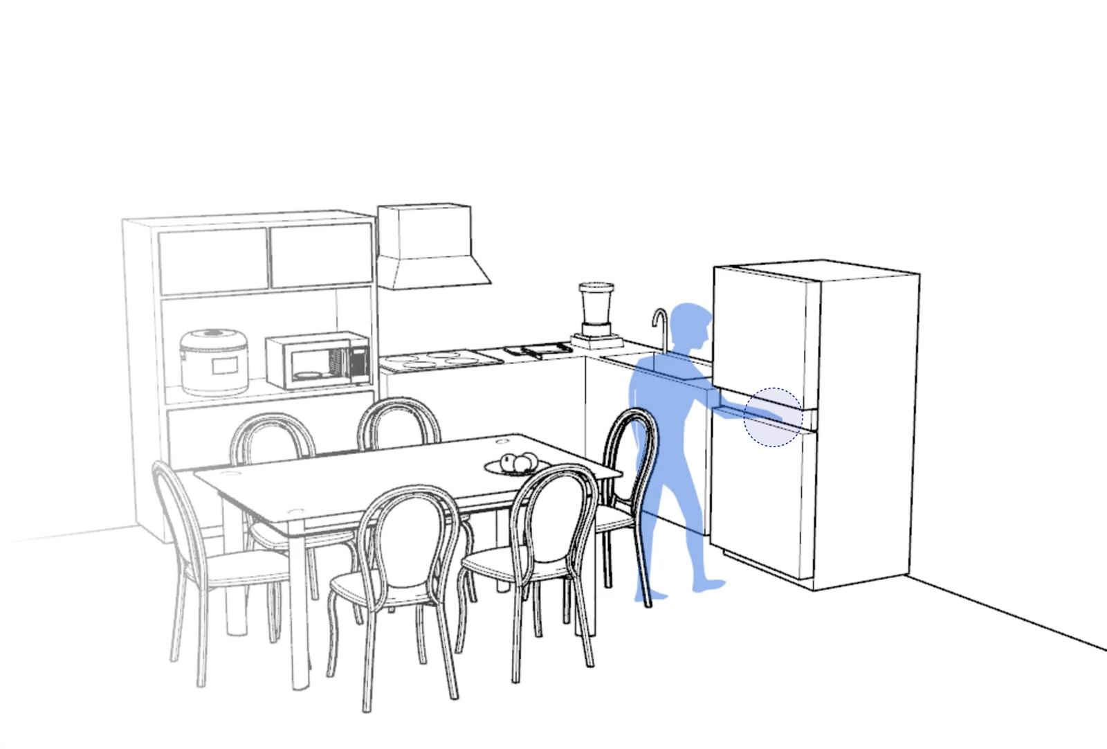 A hand touching a refrigerator door