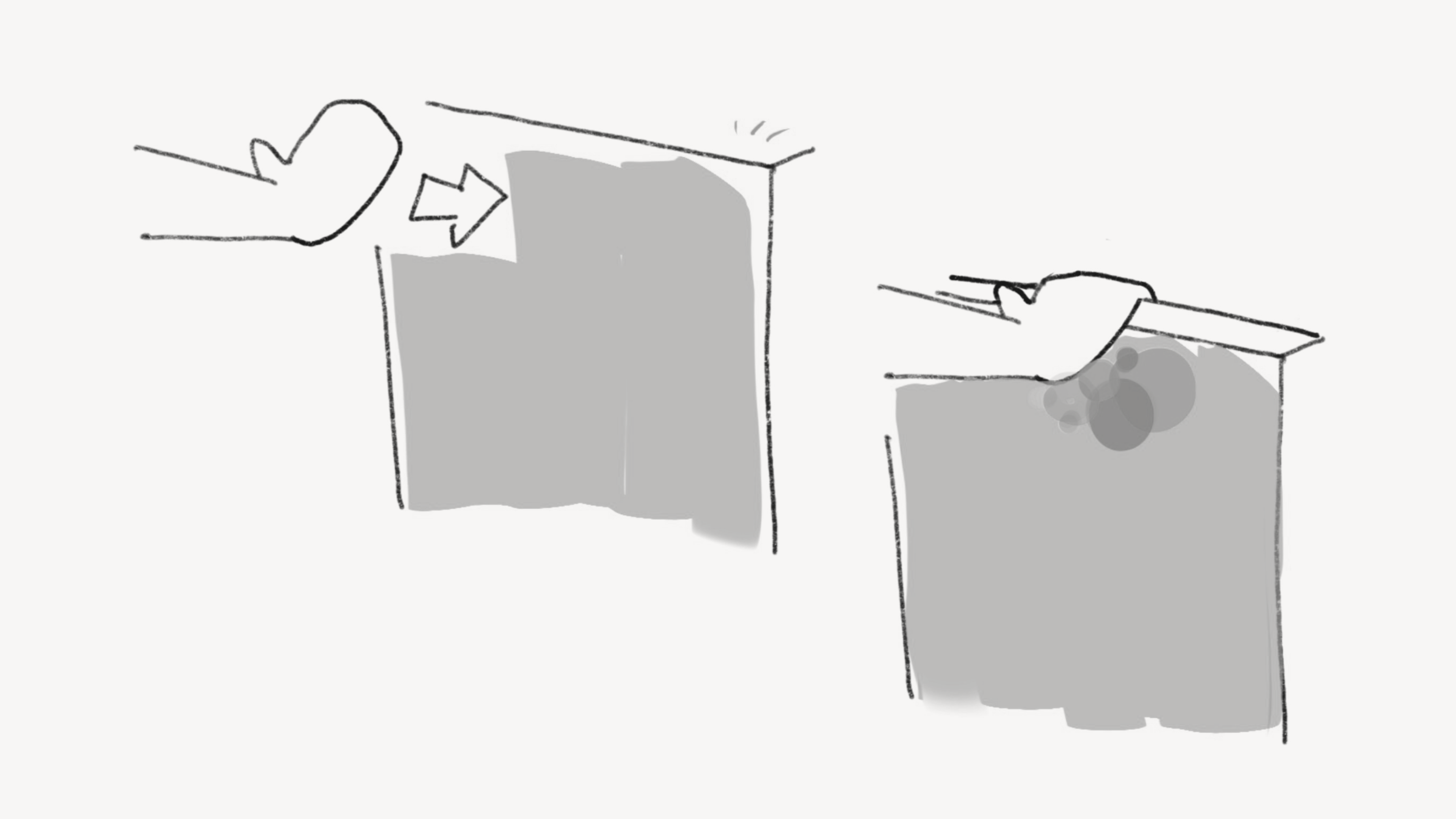 Concept sketch of a hand approaching a softly glowing refrigerator door, then touching it to produce colored light.