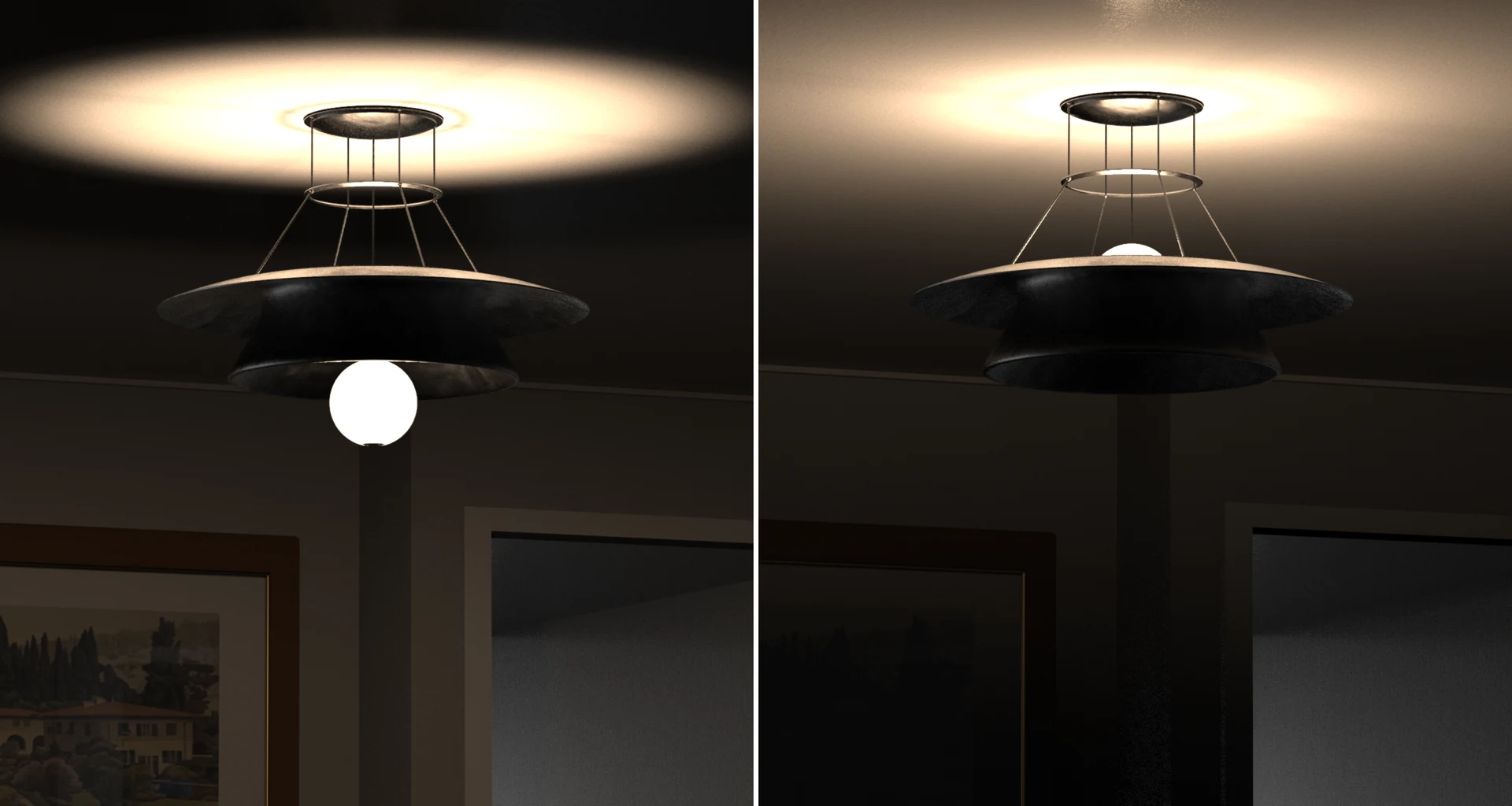 The same pendant in two configurations: Unveil on the left with the globe lowered below the shade, and Veil on the right with the globe raised into the shade.