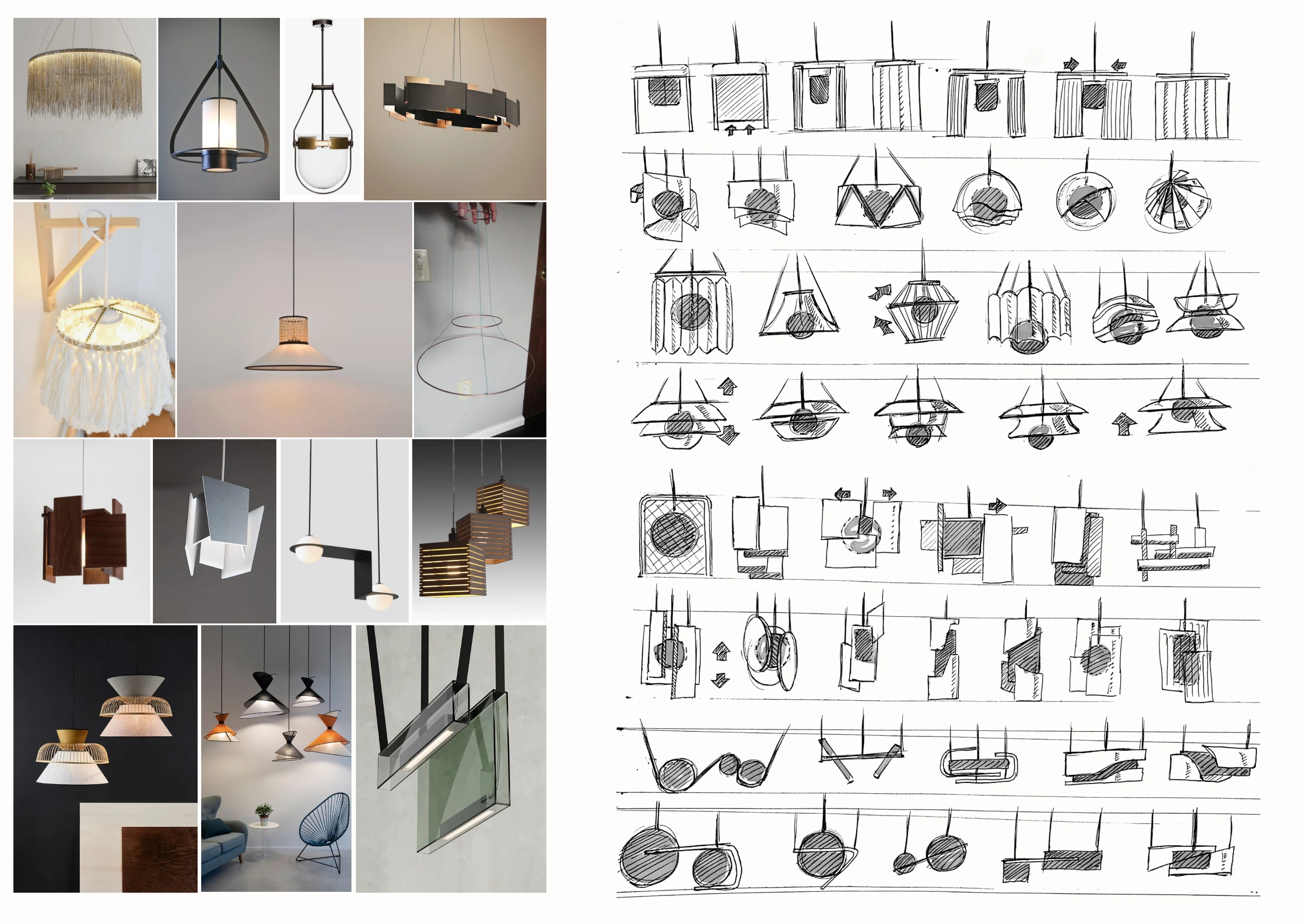 Pendant references and original form sketches exploring layered shades, apertures, and moving light sources.