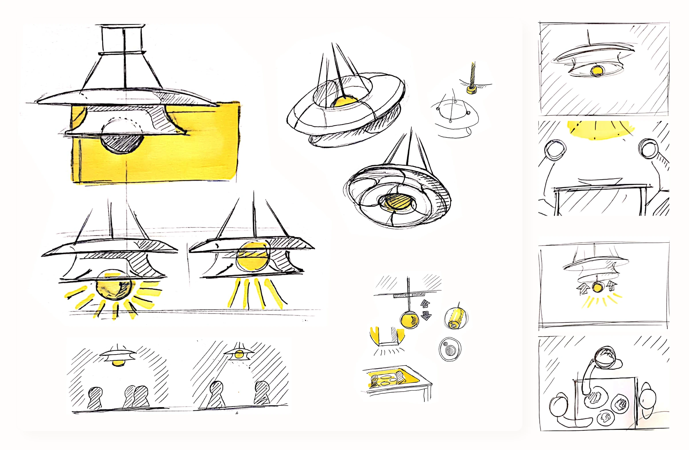 Section drawings and interaction sketches exploring the globe’s vertical movement and the view from beneath the pendant.