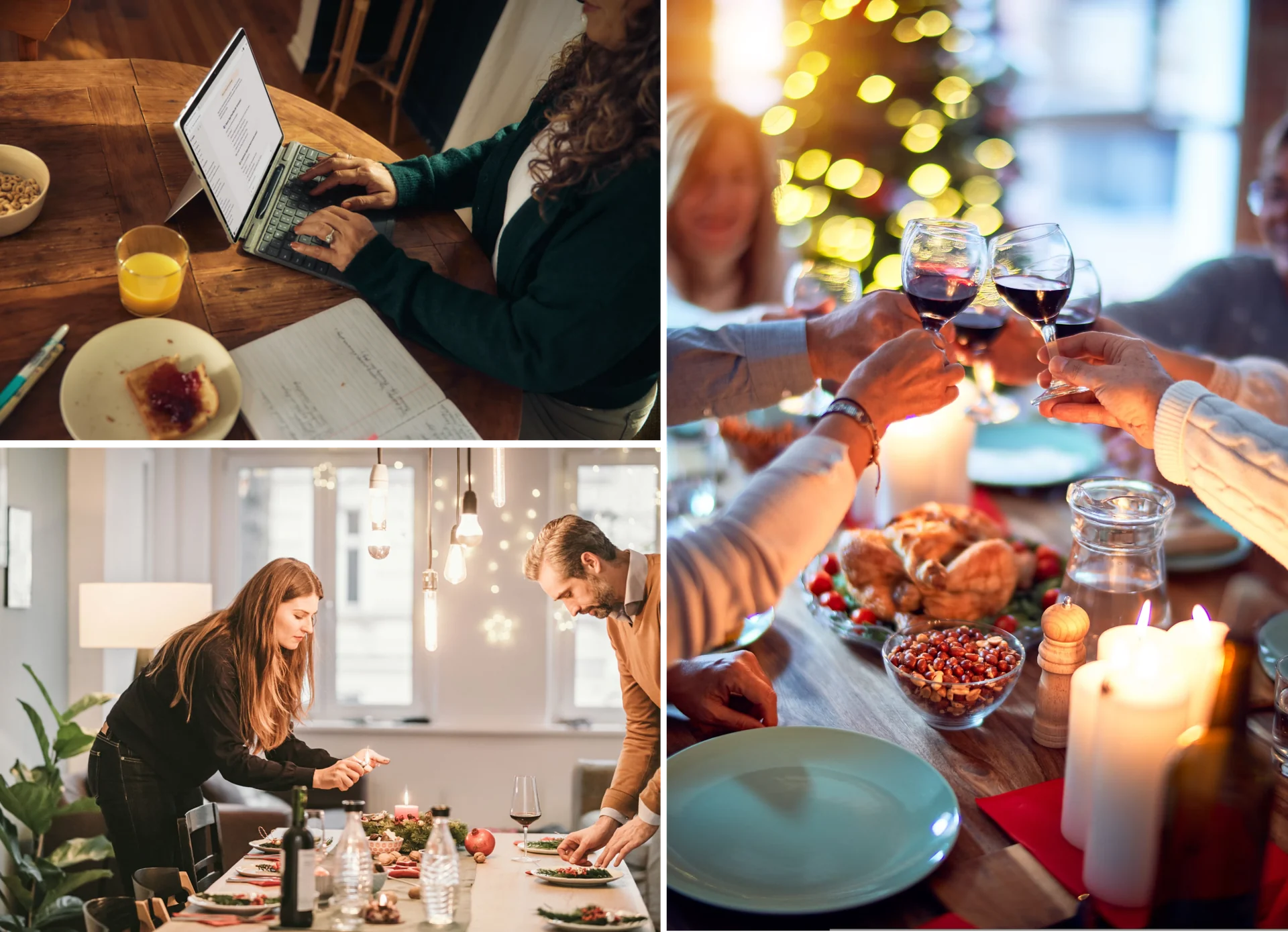 A collage illustrating working at a table, preparing a shared meal, and gathering with friends.