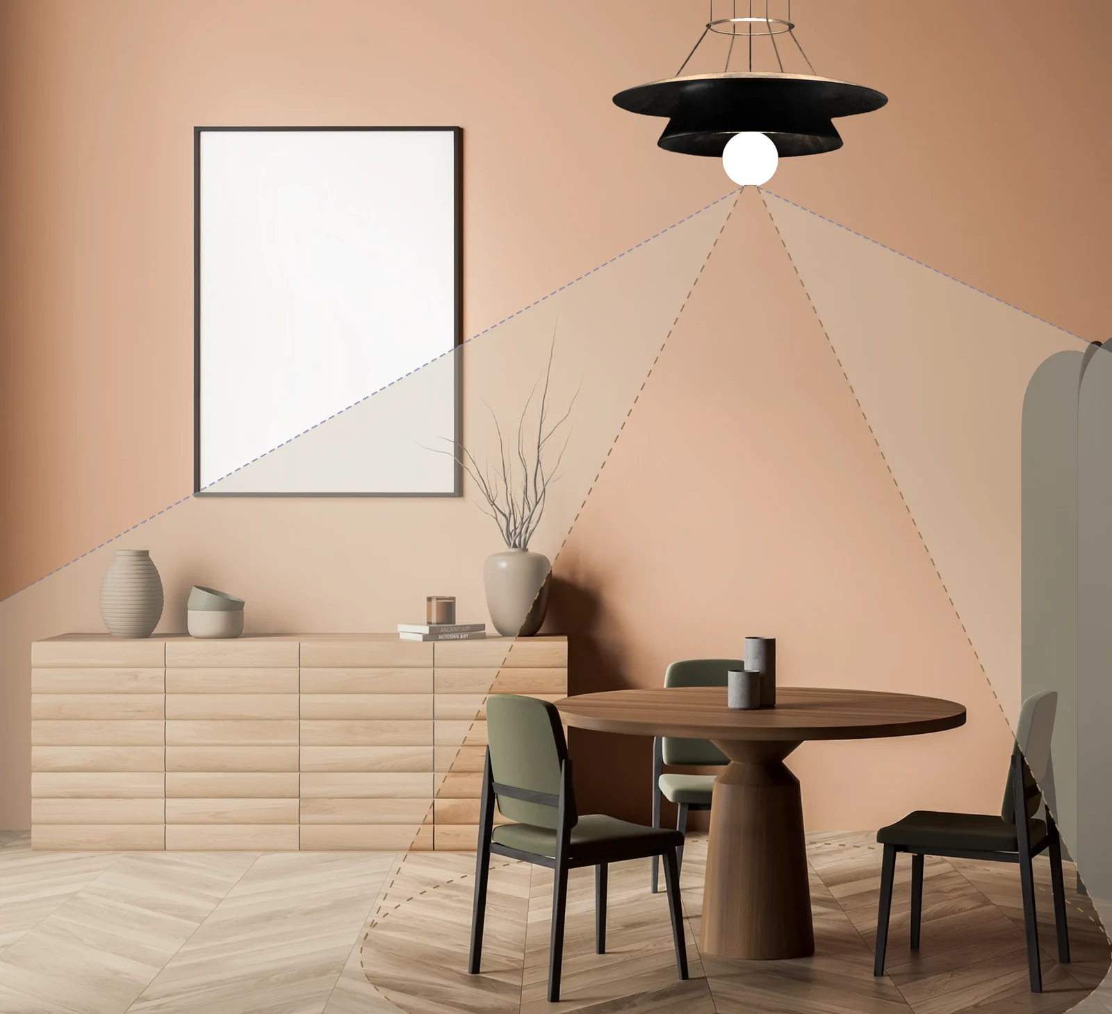 Original Silverlining concept rendering with a wide blue dashed vision cone and a smaller brown dashed cone around the table. The cones illustrate intended coverage rather than a measured camera specification.