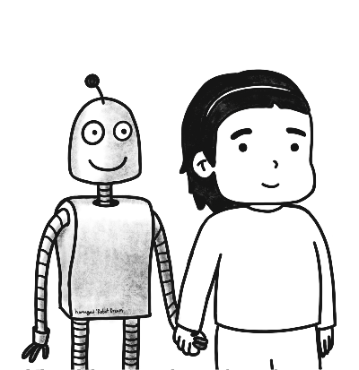 Animated illustration of Woojun Jung with a robot